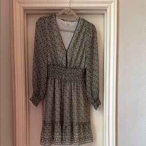 Elegant Smocked, Ruffled, Green-Yellow-White Patterned Dress